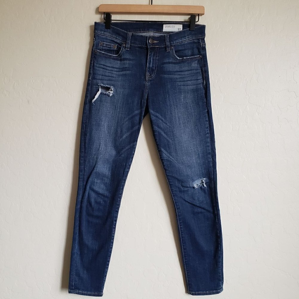 Pistola Distressed Mid-Rise Dark Wash Skinny Ankle Jeans Blue Size Women's 27